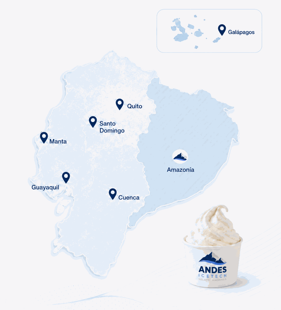 Mapa de cobertura de Andes Icetech en Ecuador: Quito, Guayaquil, Cuenca, Manta, Santo Domingo, Galápagos y Amazonía